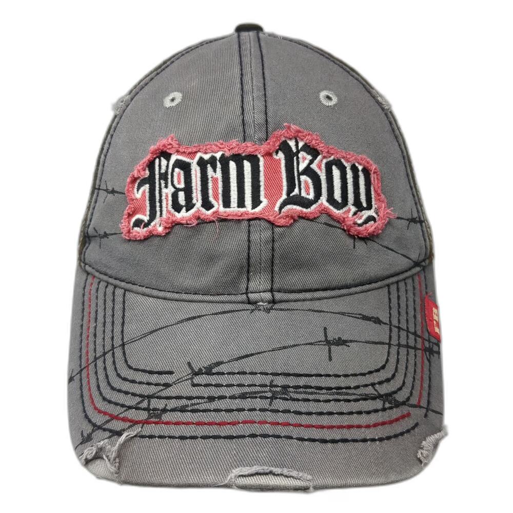 Farm Boy Baseball Cap Gray One Size Frayed Barbed Wire Windmill Logo Cotton Hat